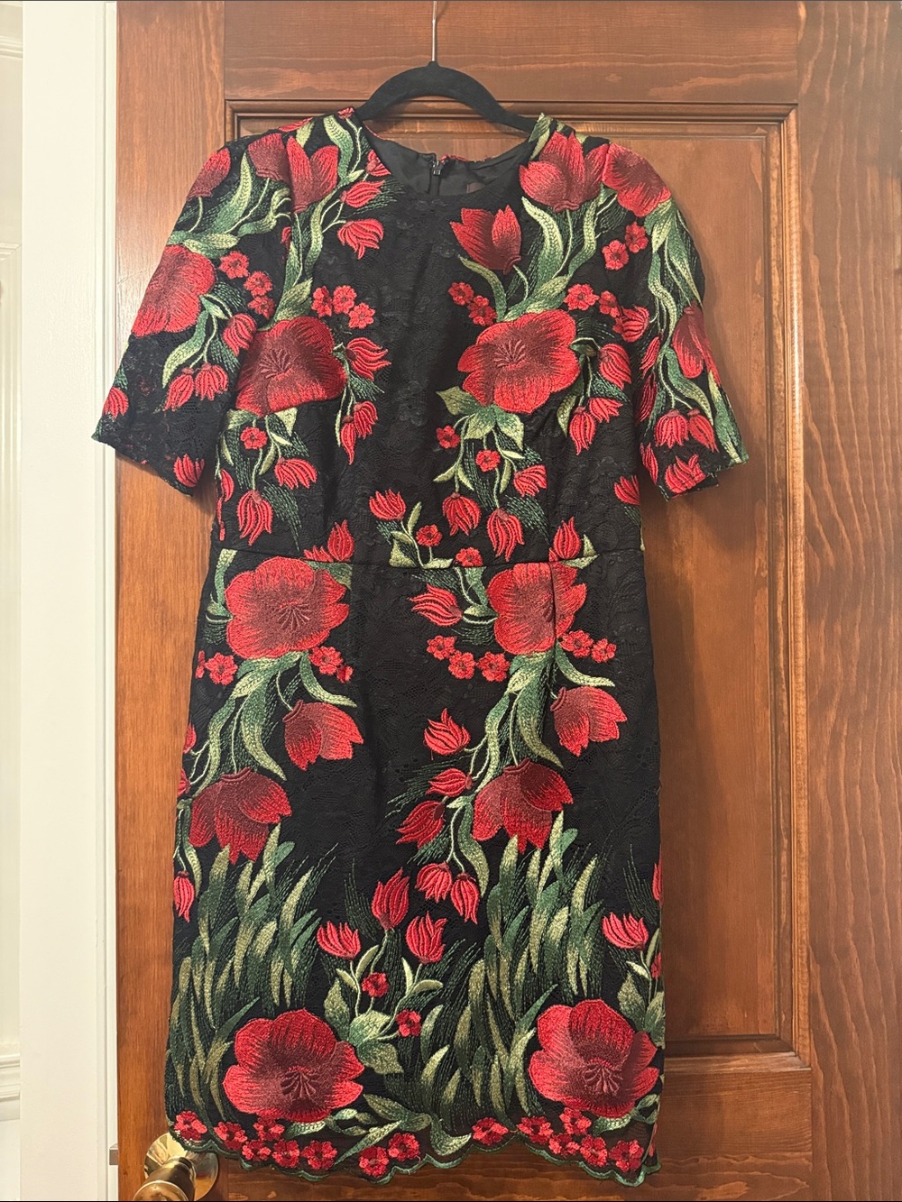 Camille La Vie Black Midi Dress with Red & Green Floral Embroidery